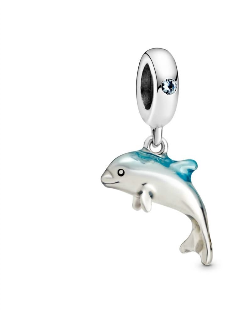 Front of a size O/S Shimmering Dolphin Dangle Charm in Blue in Blue by Pandora. | dia_product_style_image_id:330830